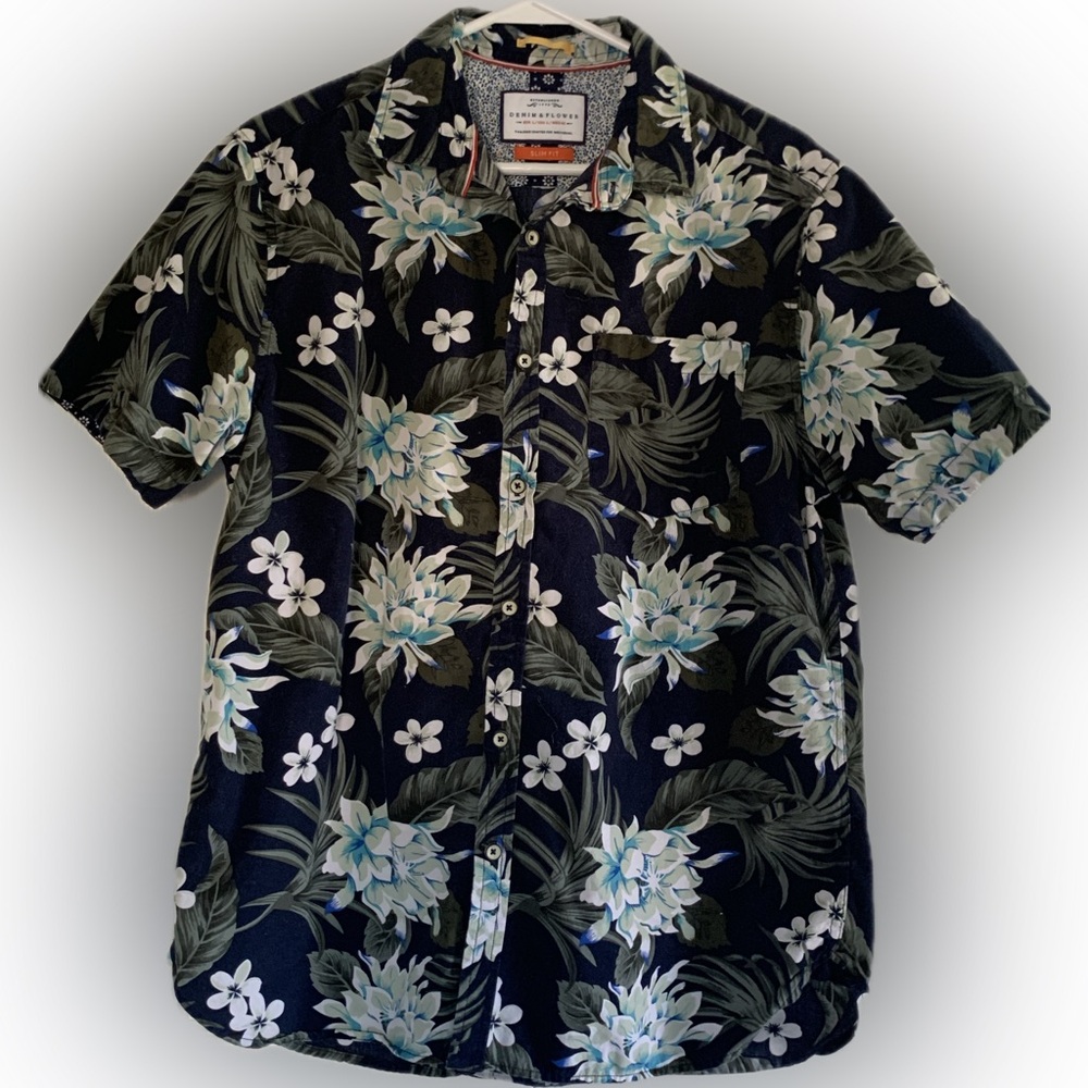 Denim & Flower Men's Size L Slim-Fit Short Sleeve Button-Down Shirt